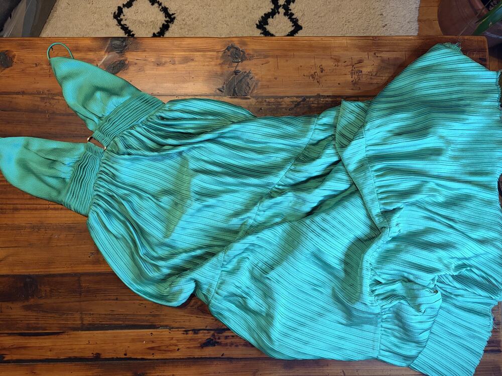 ba&sh Green Pleated Satin Midi Skirt with Ring Tie Waist Size S
